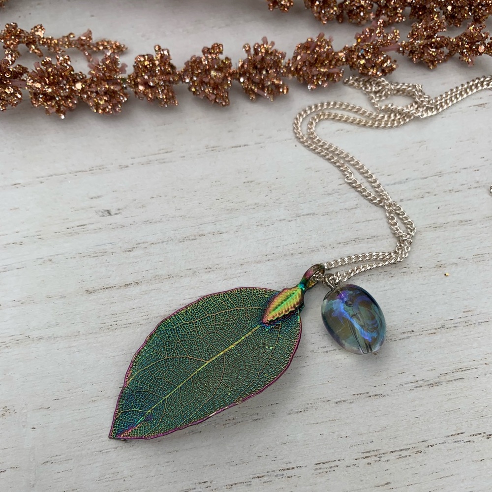Rainbow Leaf and crystal silver necklace